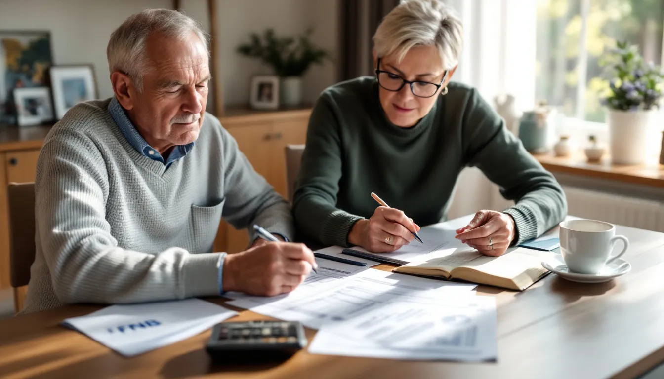 Two people reviewing financial documents and paperwork together at a table with a calculator and coffee cup