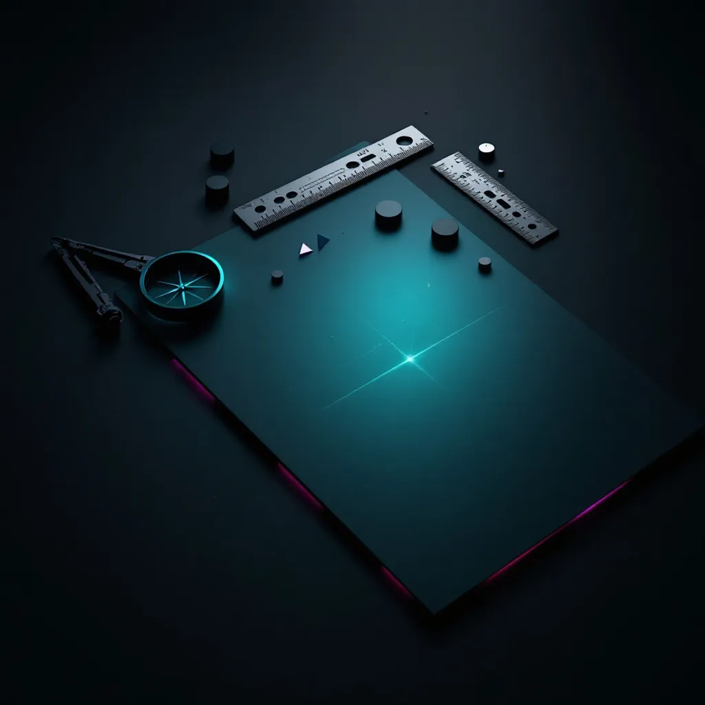 A glowing teal drafting surface with metal rulers, a compass, and cylindrical objects arranged on top, set against a dark background