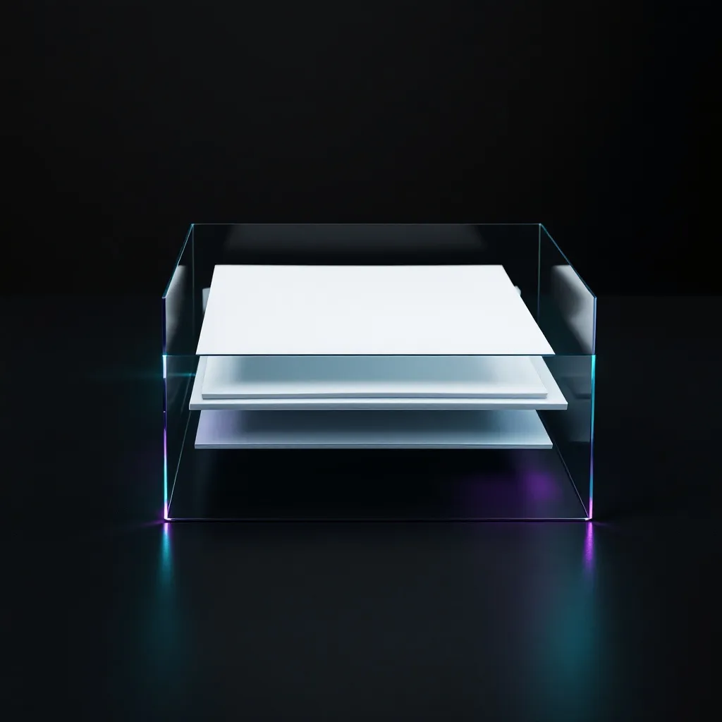 A transparent glass box with three stacked horizontal layers illuminated by neon cyan and purple lighting against a dark background