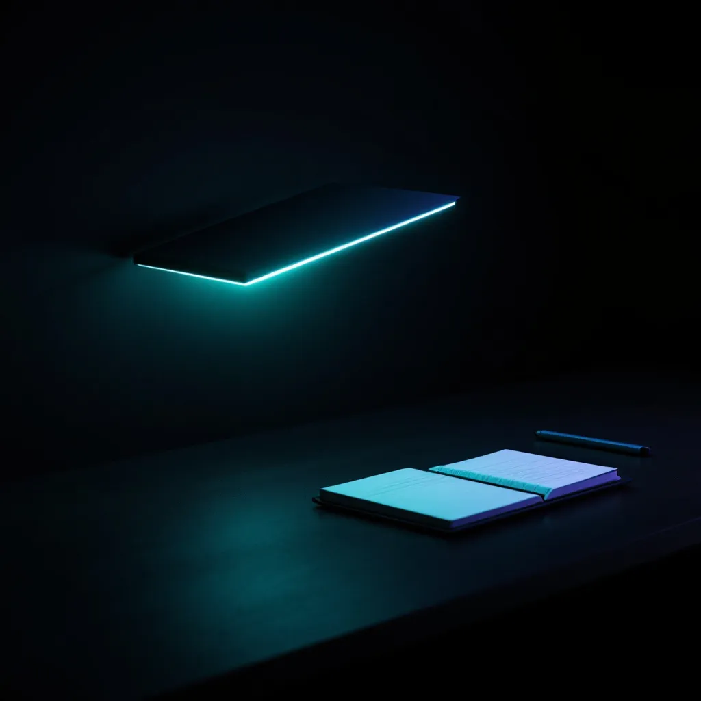 Open notebook with cyan and blue pages on a dark surface beneath glowing neon angular shapes against black background