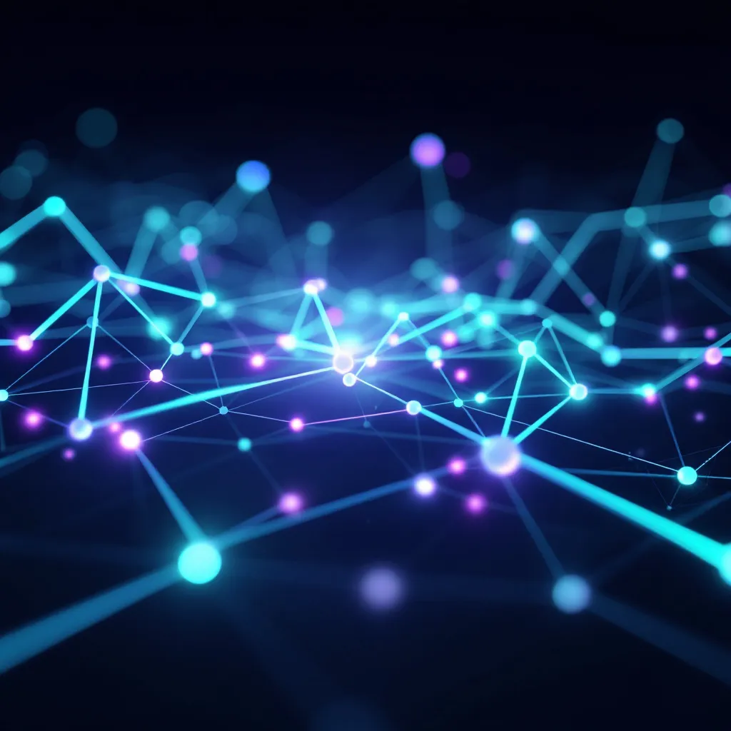 Abstract network of glowing cyan and purple nodes connected by lines against dark blue background