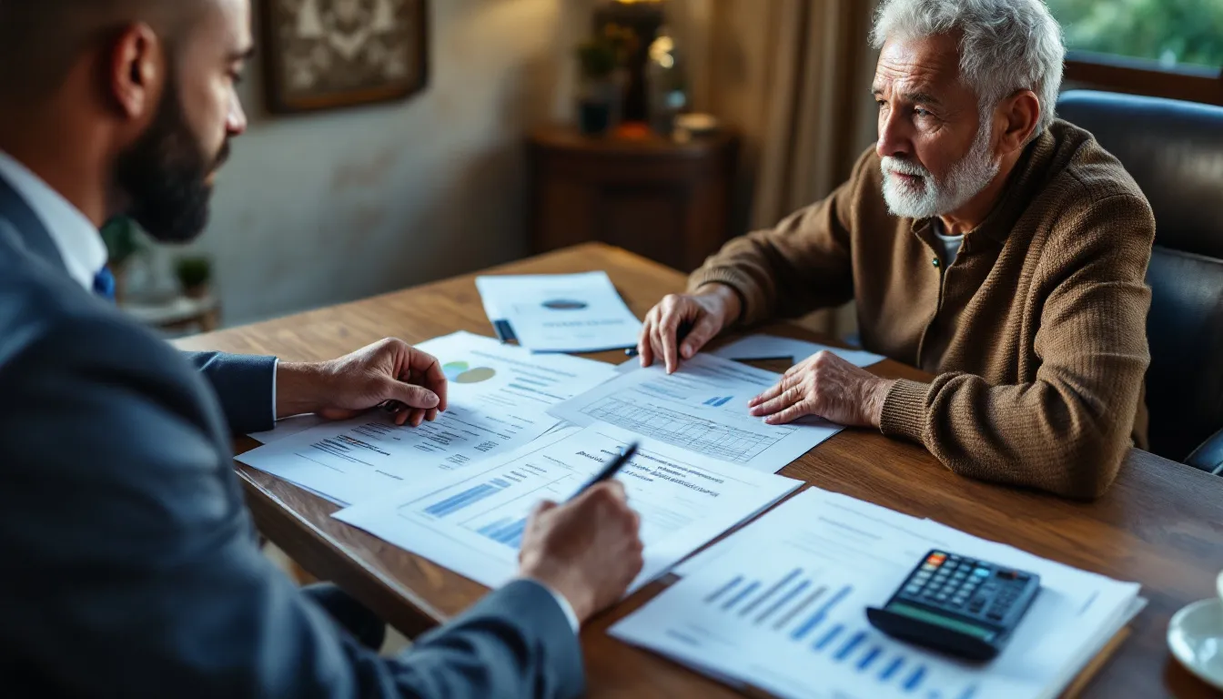 Two men review financial documents and charts at a wooden table, with a calculator and papers showing data analysis between them