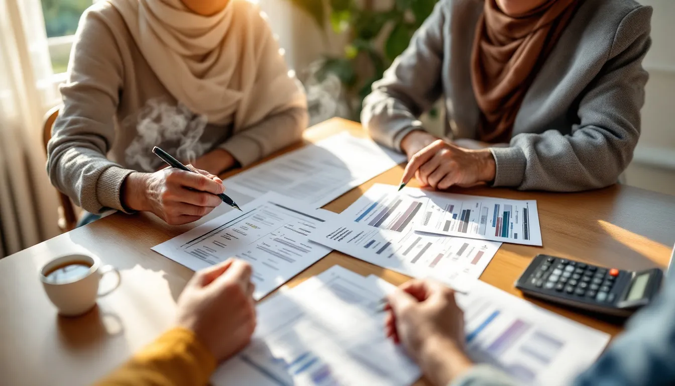 Three people review financial documents and charts together at a wooden table with a calculator and coffee cup