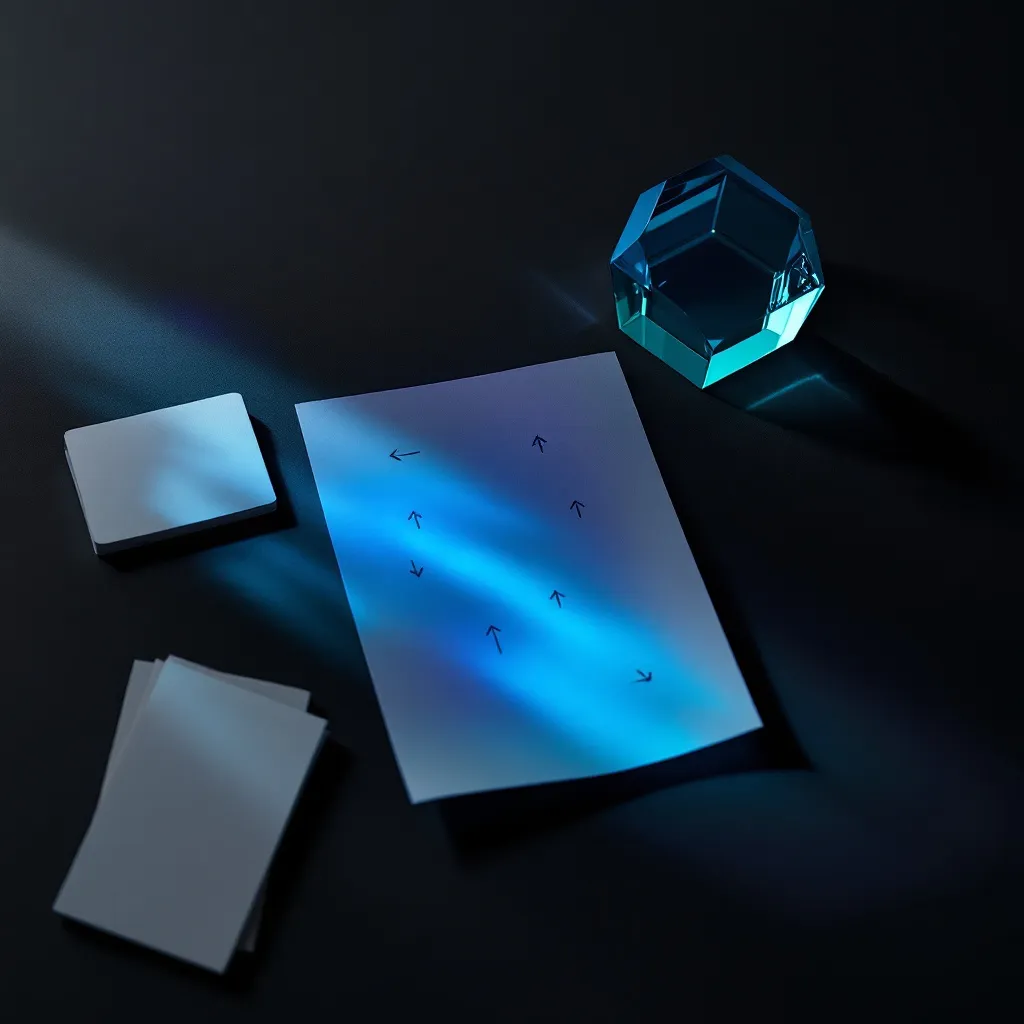 A glowing blue gradient surface with directional arrows displayed next to translucent geometric shapes and cards arranged on a dark backgrou