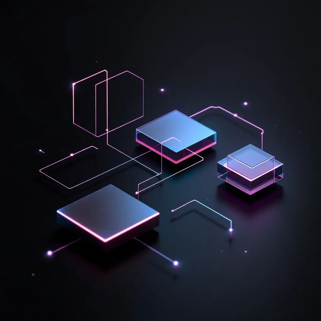 Abstract 3D illustration with neon pink and blue geometric shapes including outlined boxes, solid platforms, and glowing connection points o