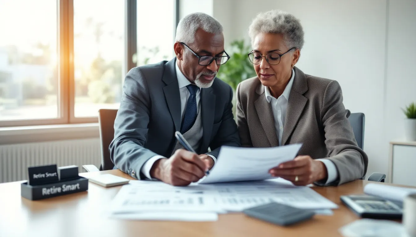 Two professionals in business attire review financial documents together at a desk with a calculator and papers labeled 'Retire Smart'