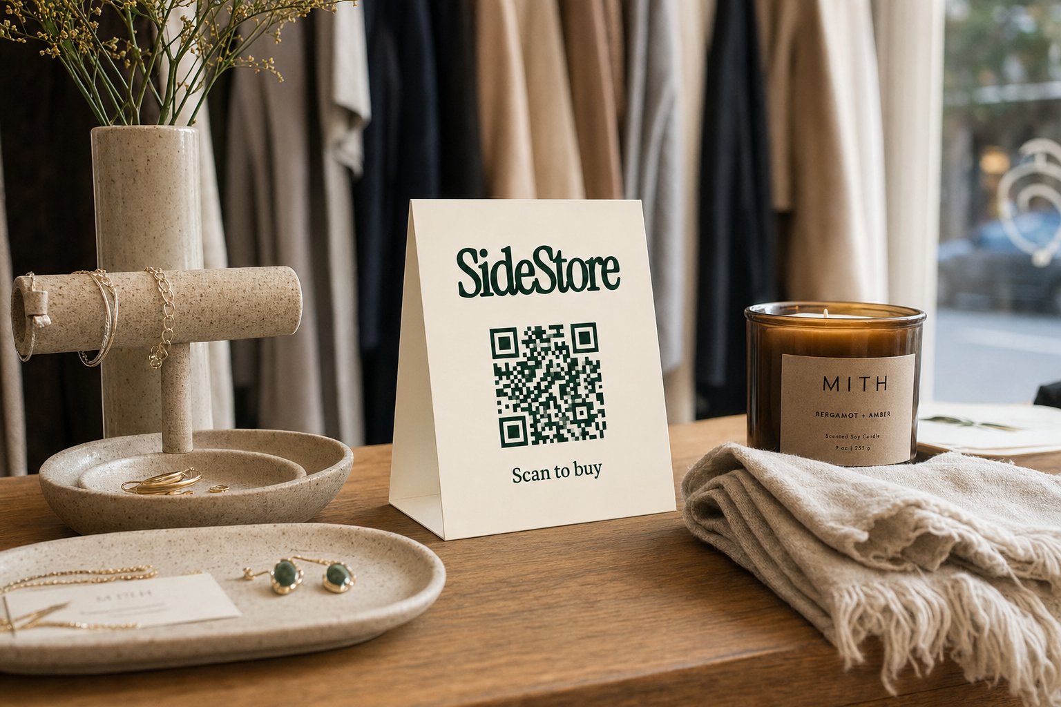 SideStore tent card displayed on boutique retail counter with consignment products including ceramics, textiles, and candles