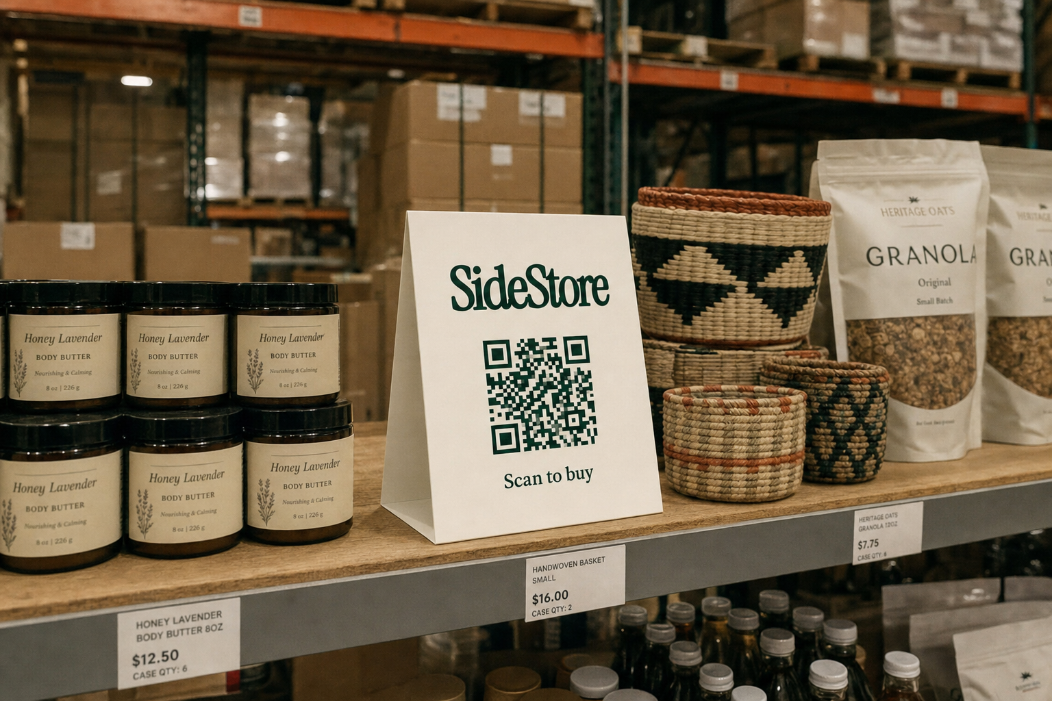 SideStore tent card on wholesale shelf display with bulk artisan products ready for independent retailer distribution