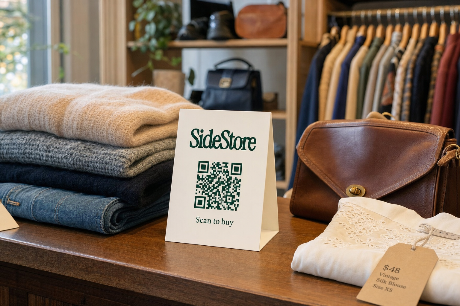 SideStore tent card on a consignment boutique counter surrounded by vintage clothing and accessories