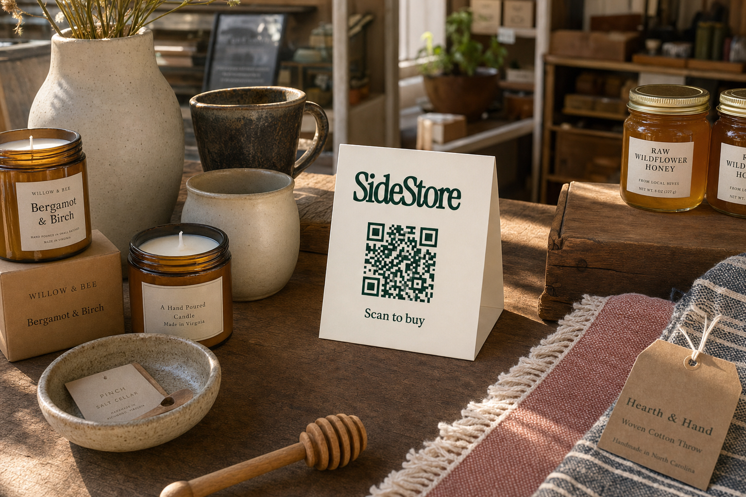 SideStore tent card on a consignment table display with handmade artisan products and local goods
