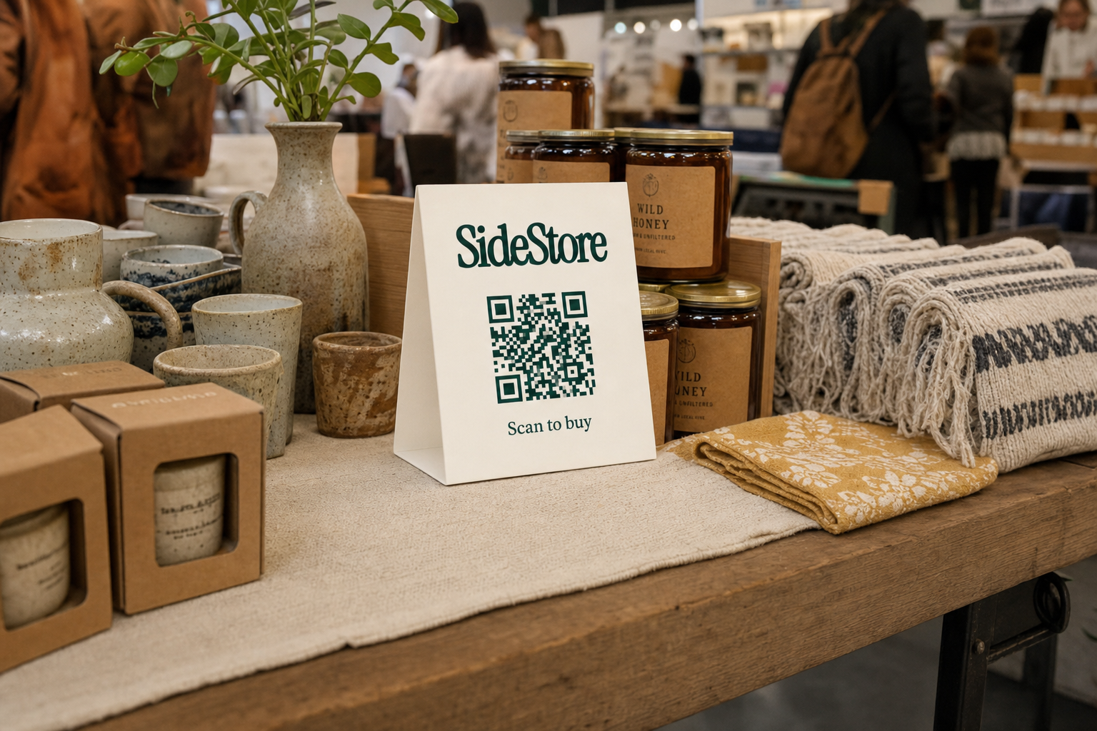 A retail display table shows handmade ceramics, jars of honey, folded textiles, and a white card with