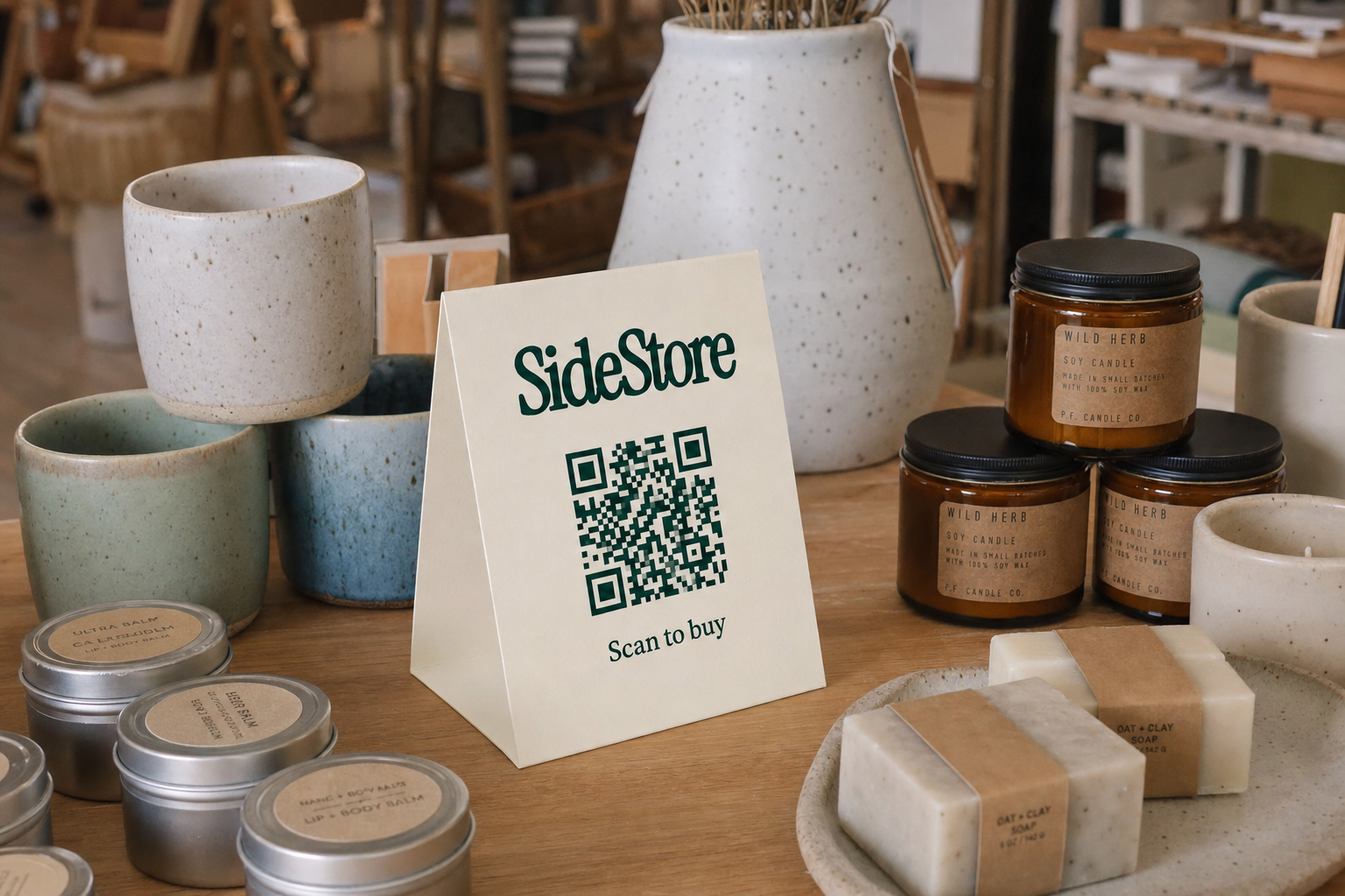 A wooden table displays a SideStore promotional card with a QR code surrounded by handmade products including ceramic vessels, amber glass c