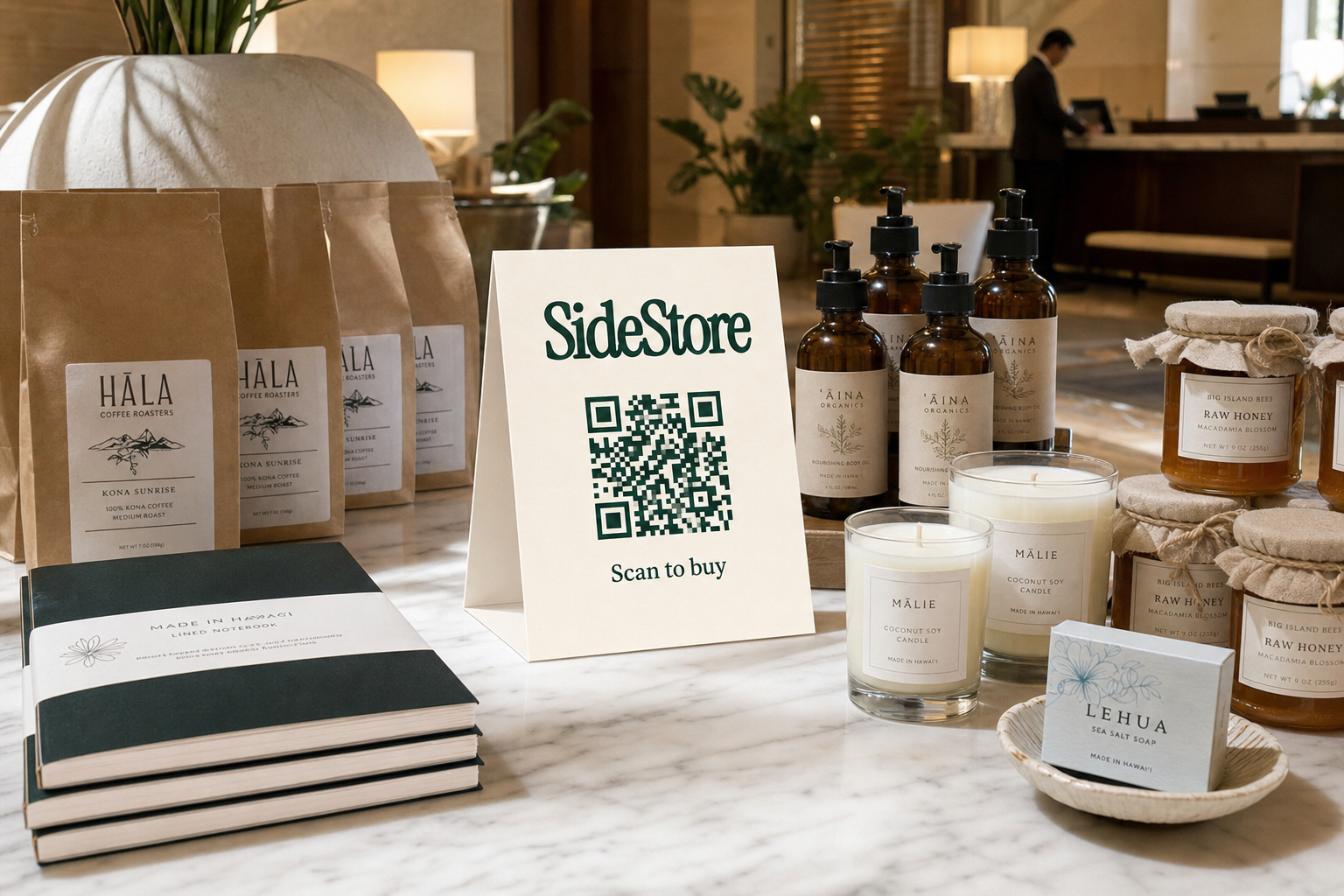 Hotel lobby retail display with SideStore tent card surrounded by premium local products on marble table