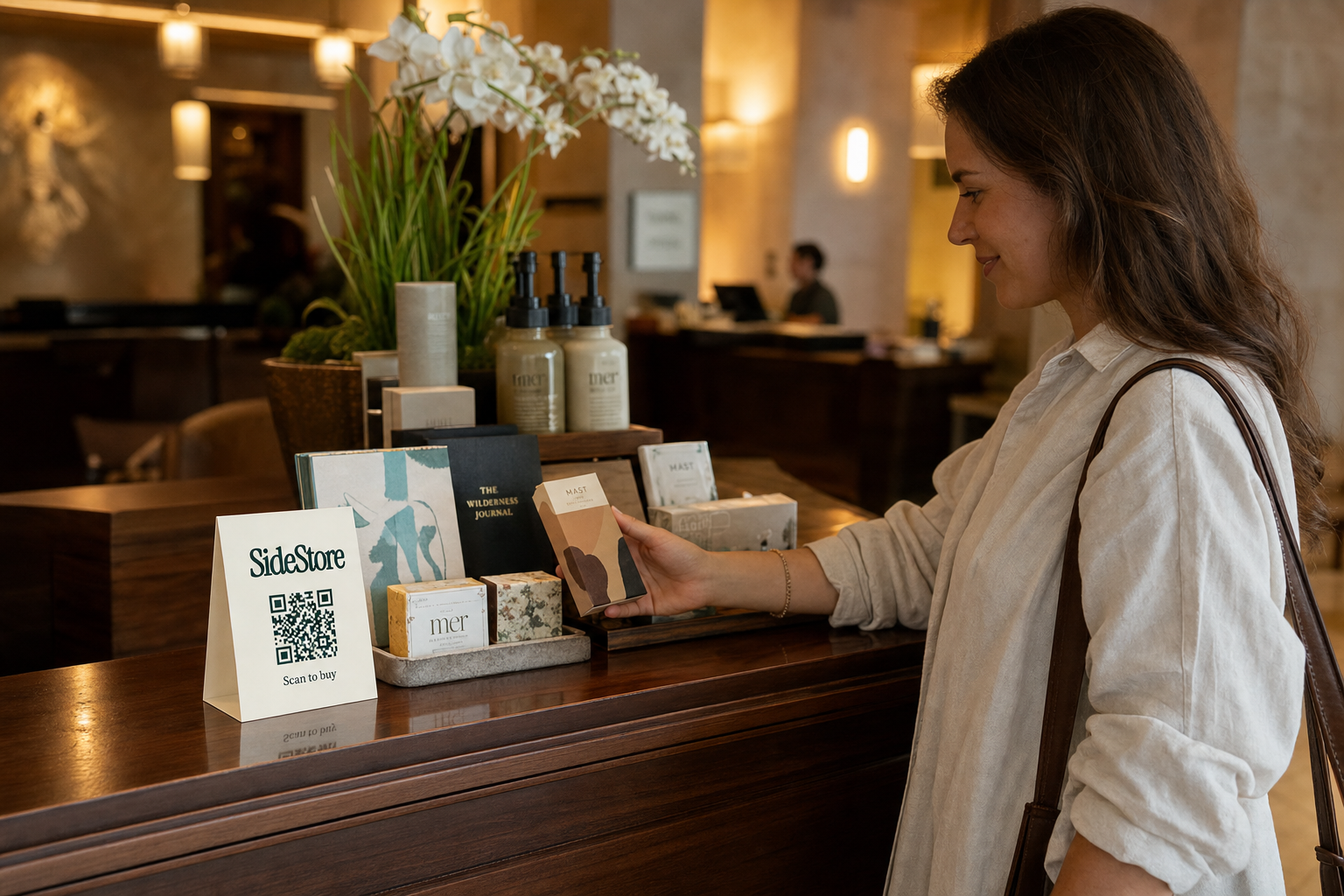 Hotel guest browsing lobby retail products next to SideStore tent card at reception desk