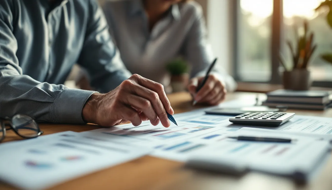 A person in a blue shirt points to financial documents on a desk while another person holds a pen, with a calculator and papers nearby
