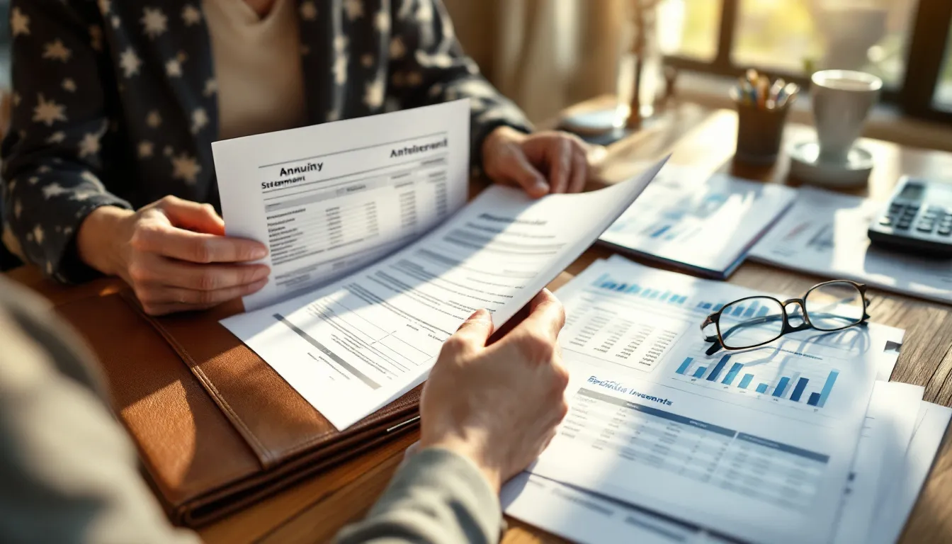 A person holds an annuity statement document while reviewing financial papers and charts spread across a wooden desk in bright sunlight