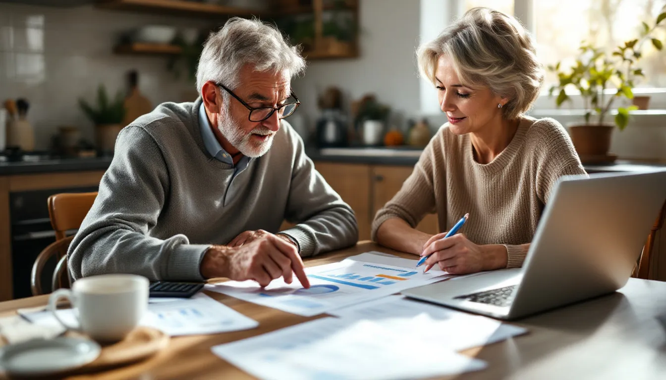 Mature couple reviewing retirement planning documents and charts at home