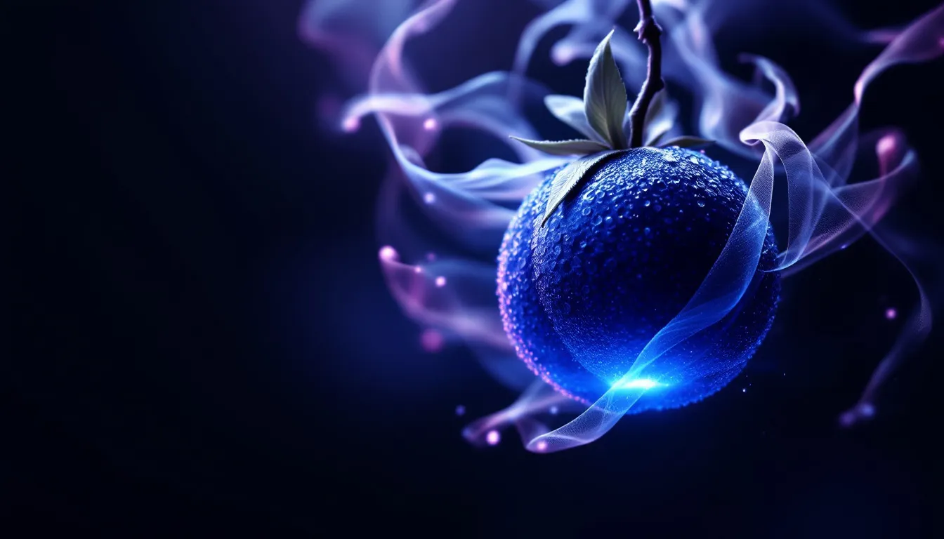 A glowing blue spherical fruit covered in dewdrops with translucent petals and leaves swirling around it against a dark background