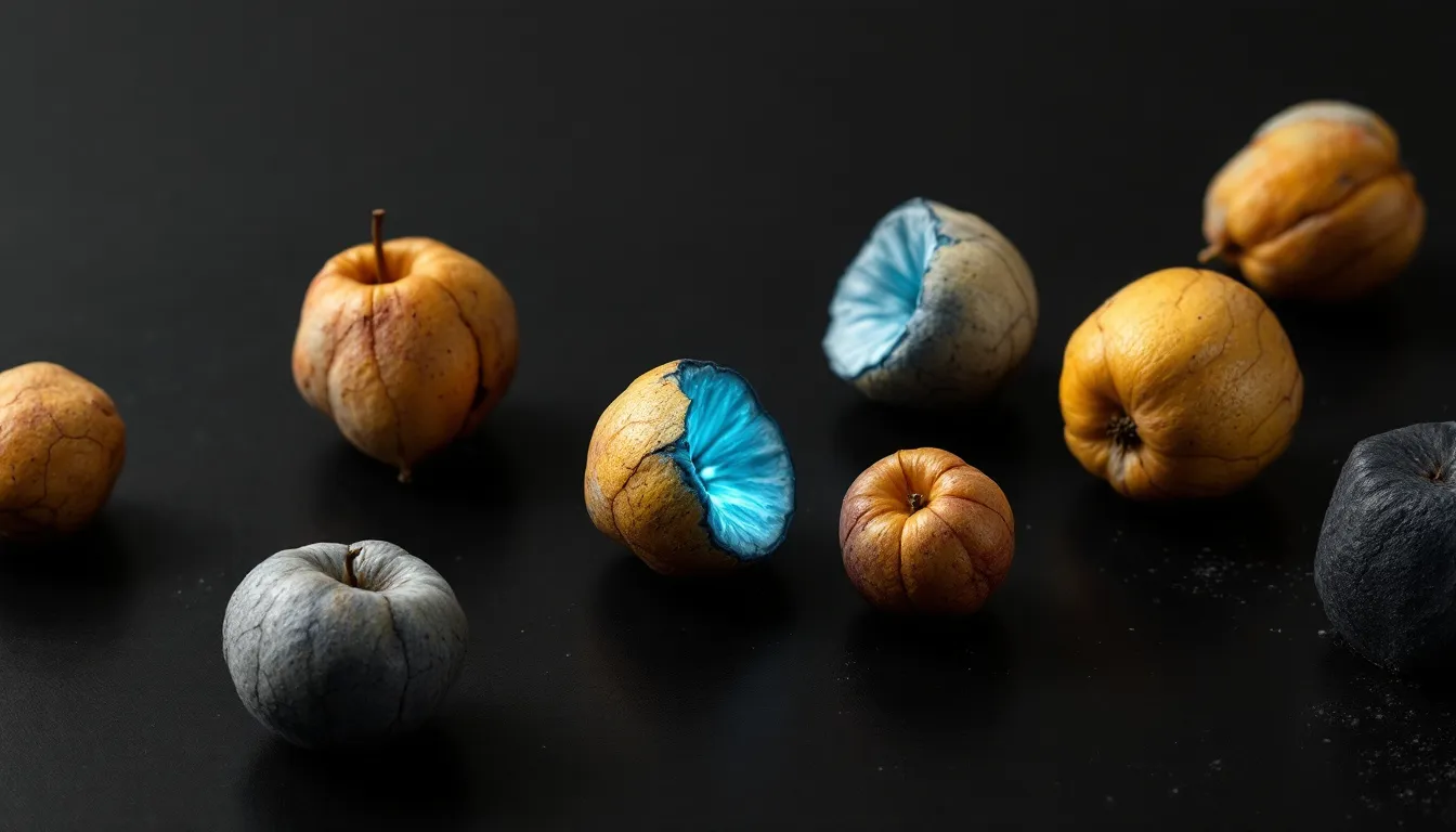 A collection of apples in various stages of decay arranged on a dark surface, with some showing bright blue interior flesh where they are sp