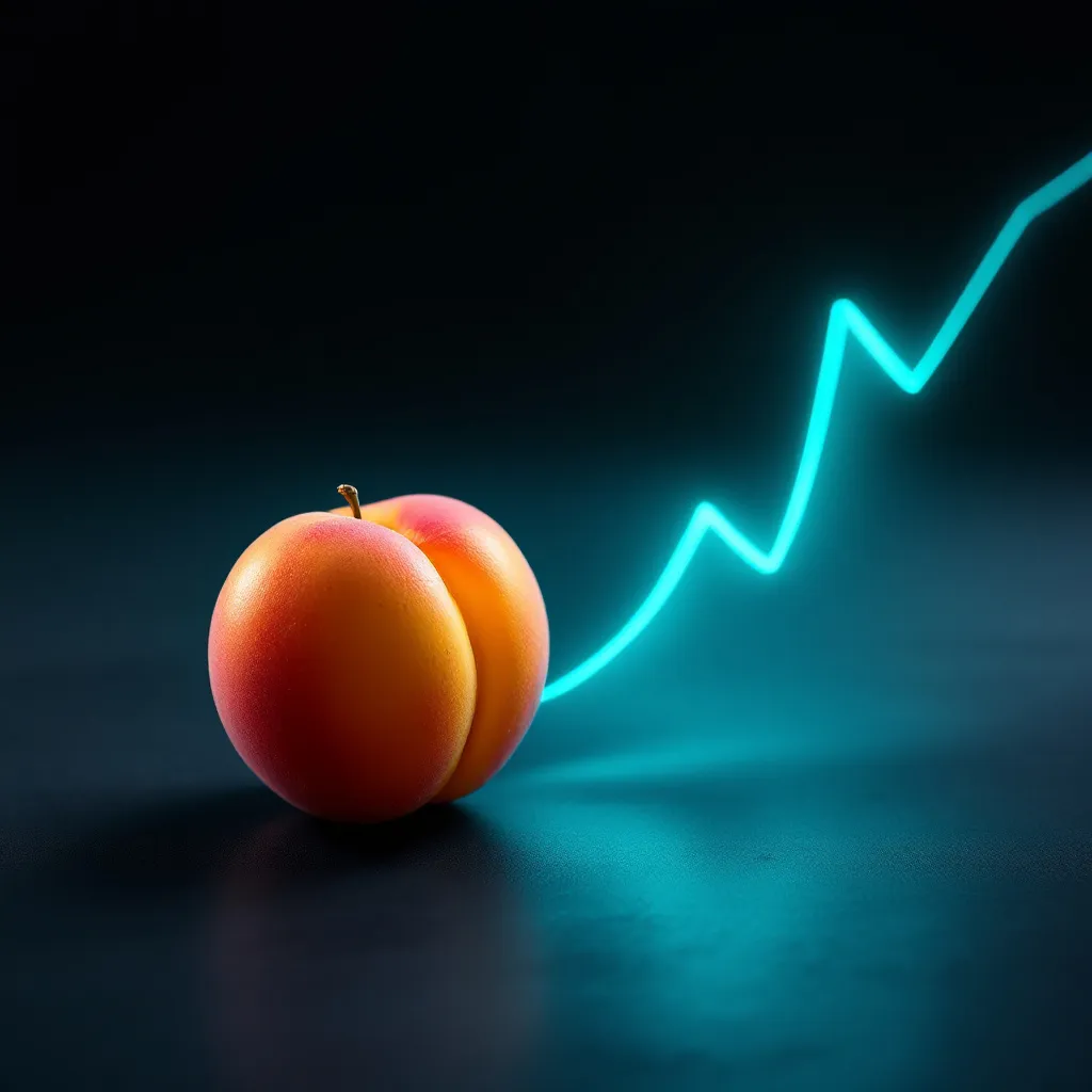 A glowing cyan upward trending line graph emerges from a red and orange peach against a dark background