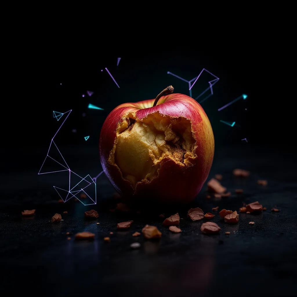 A red apple with a large bite taken out of it sits on a dark surface surrounded by scattered brown debris, with glowing geometric line drawi