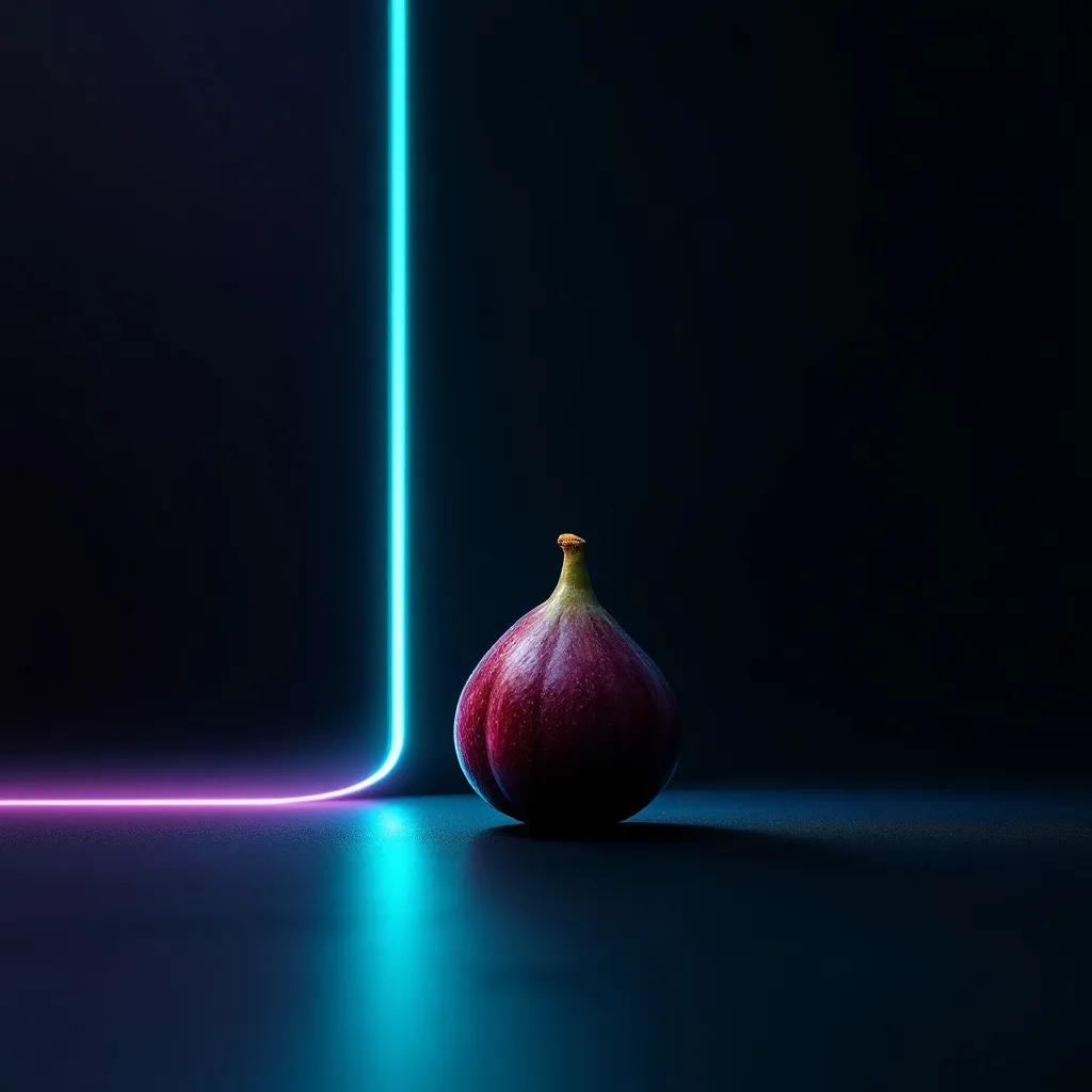 A dark red fig sits on a dark surface next to glowing cyan and purple neon lines against a black background