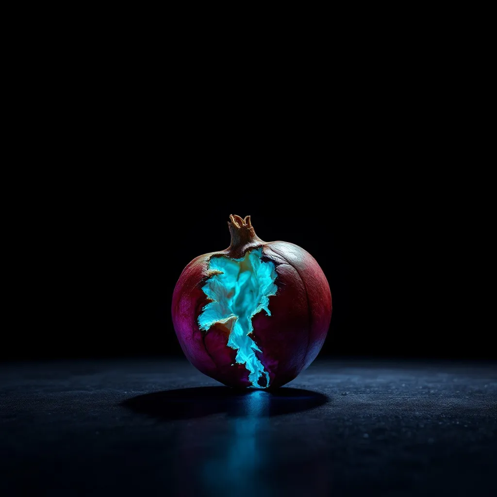 A pomegranate with deep red and purple skin sits on a dark surface against a black background, with bright turquoise light glowing from a cr