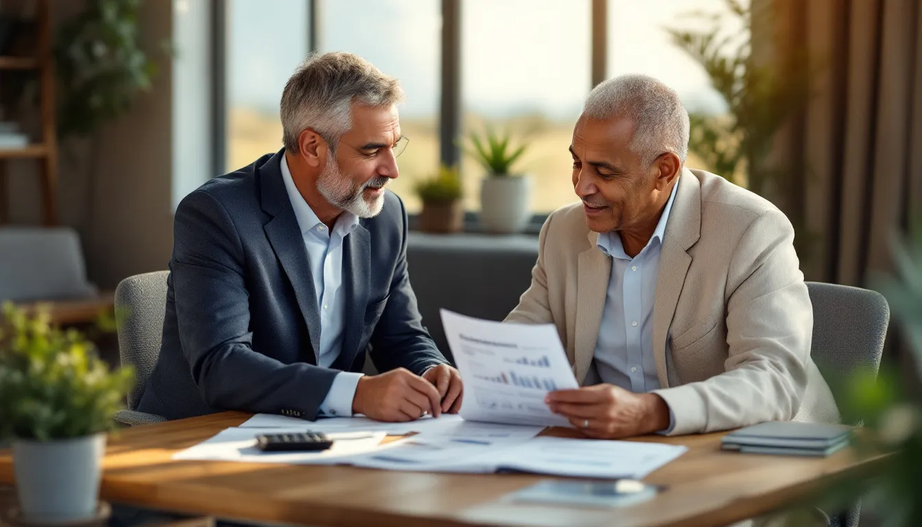 Two men in business attire review financial documents together at a wooden desk in a bright office with plants and windows overlooking a lan