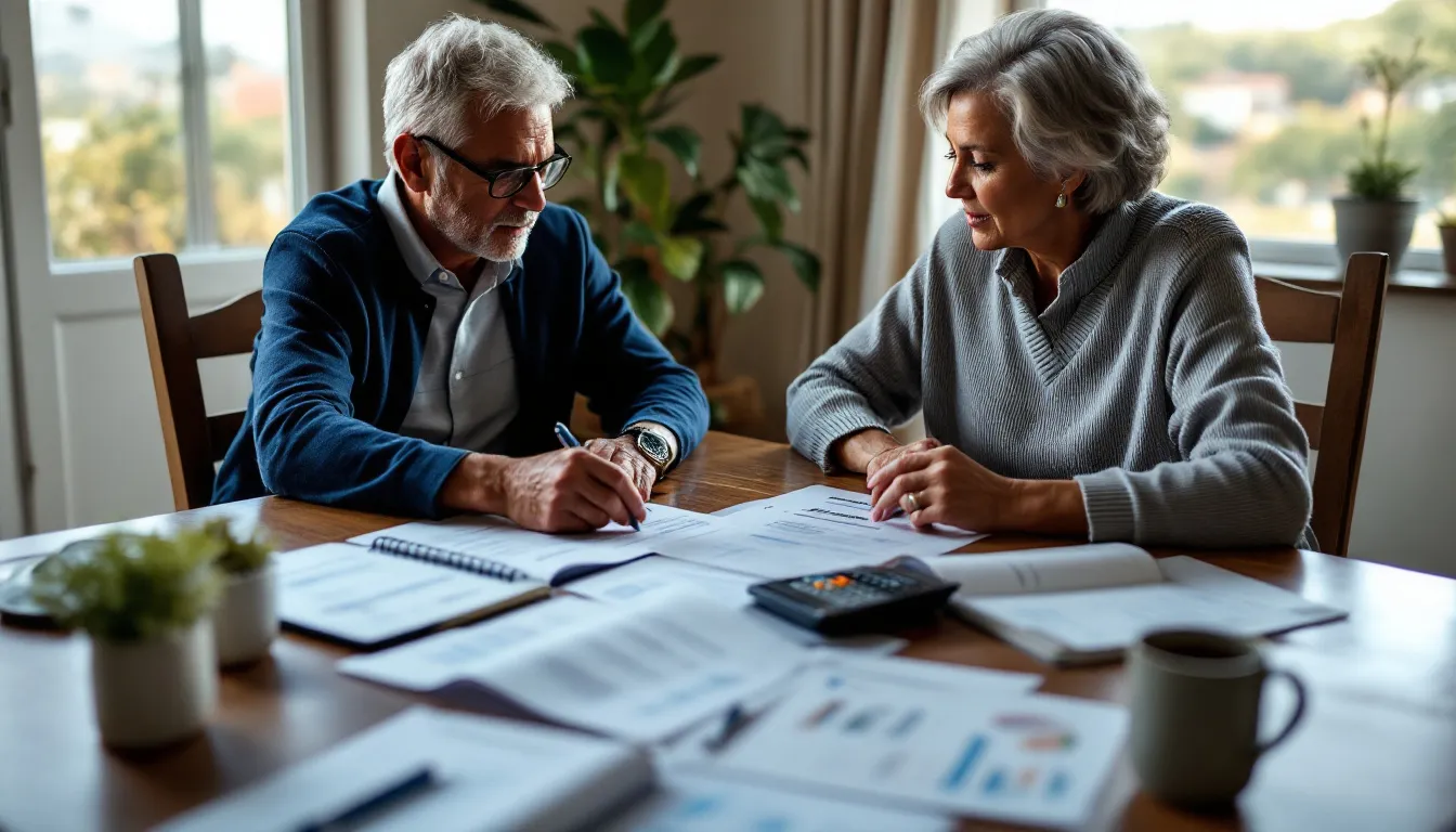 Two older adults sit at a wooden table reviewing financial documents together, with papers, a calculator, and a coffee mug spread across the
