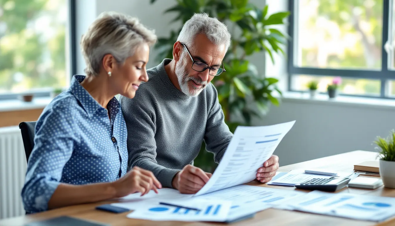 Two people sitting at a desk review financial documents and charts together in a bright office with plants and windows in the background