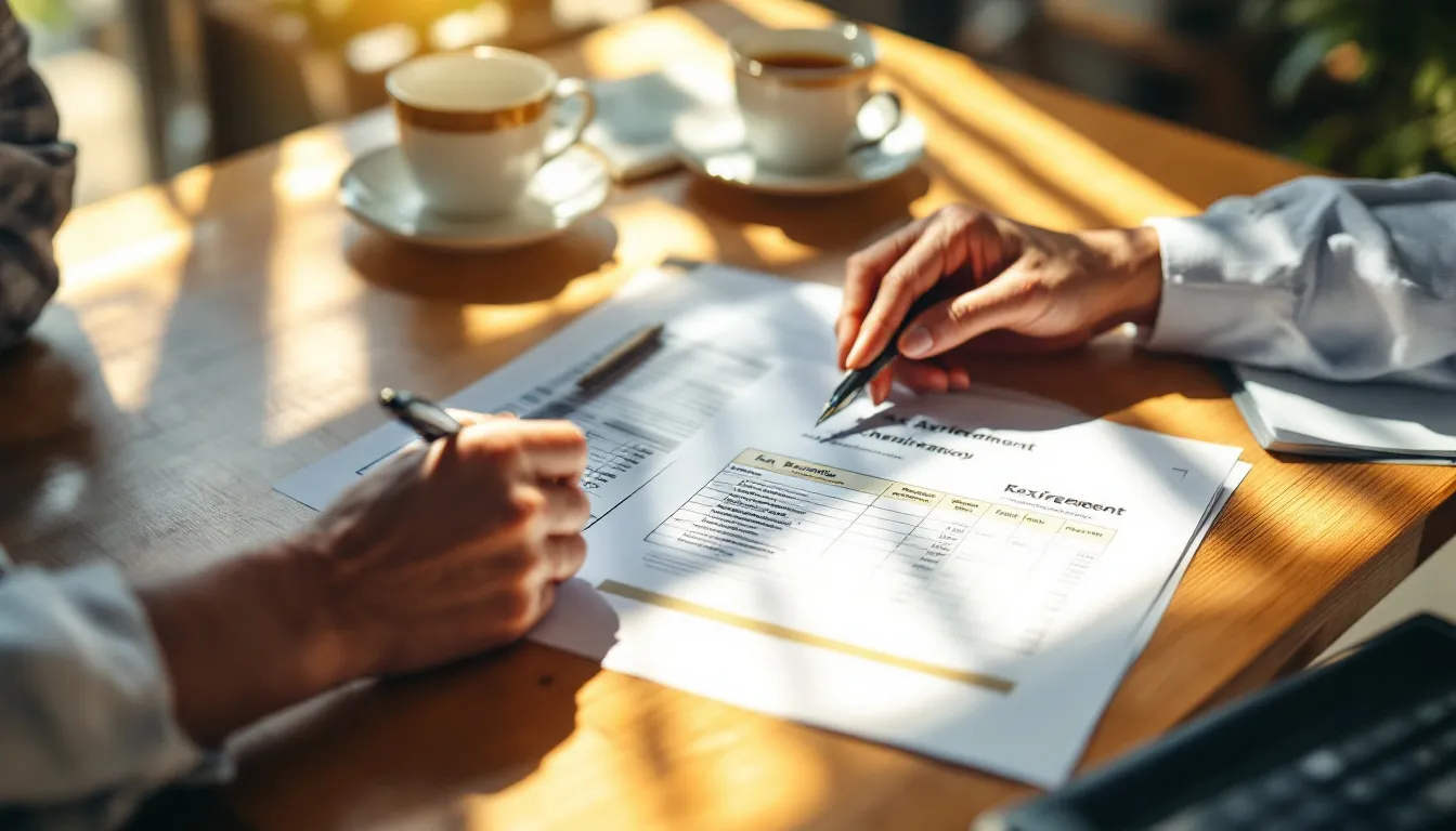 A person in a light blue shirt writes on financial documents with charts and tables at a wooden table, with two cups of tea and a notebook nearby