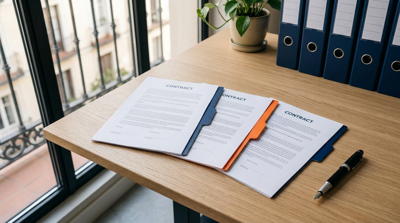Three contract documents with colored bookmarks arranged on a wooden desk next to a pen, with a potted plant and file folders visible in the
