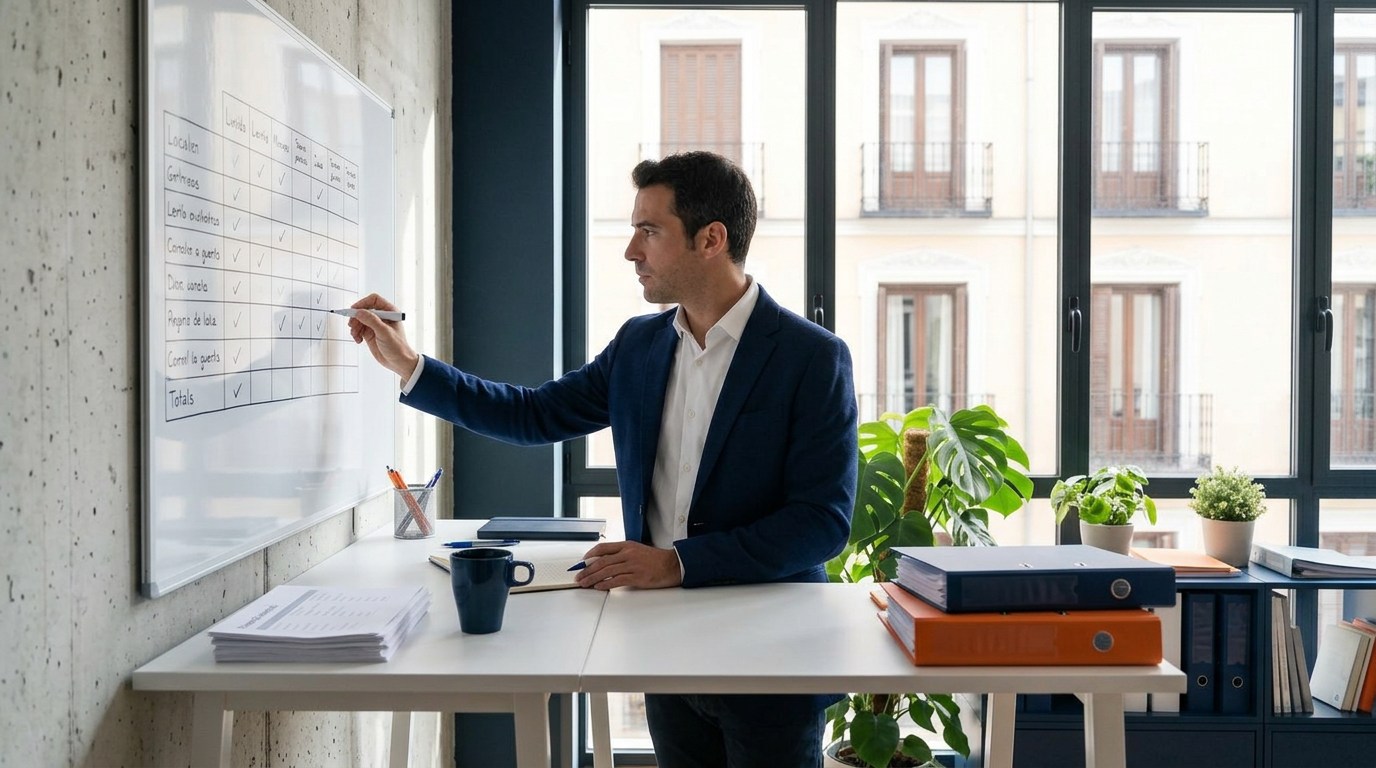 A man in a navy blazer and white shirt points to a whiteboard with a table and checkmarks while sitting at a desk with papers, a coffee mug,