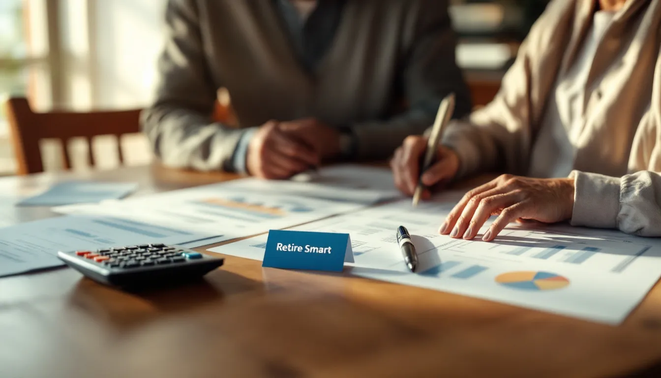 Multiple people review financial documents and charts at a table with a calculator and a blue Retire Smart nameplate