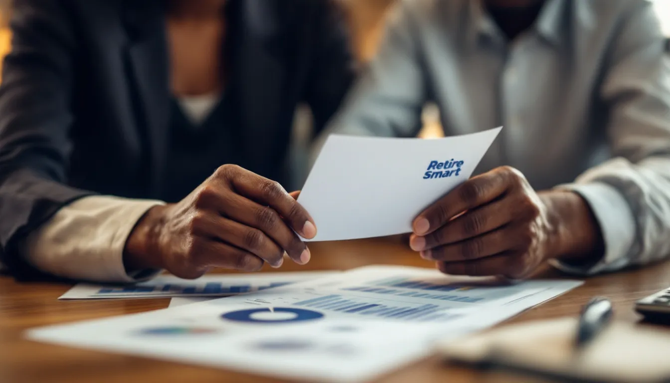 A person holds a white envelope labeled Retire Smart while seated at a table with financial documents and charts spread out