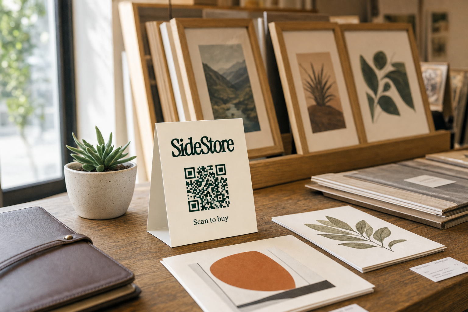 A wooden display table with framed botanical prints, a small potted succulent, art samples, a leather wallet, and a tent card reading 