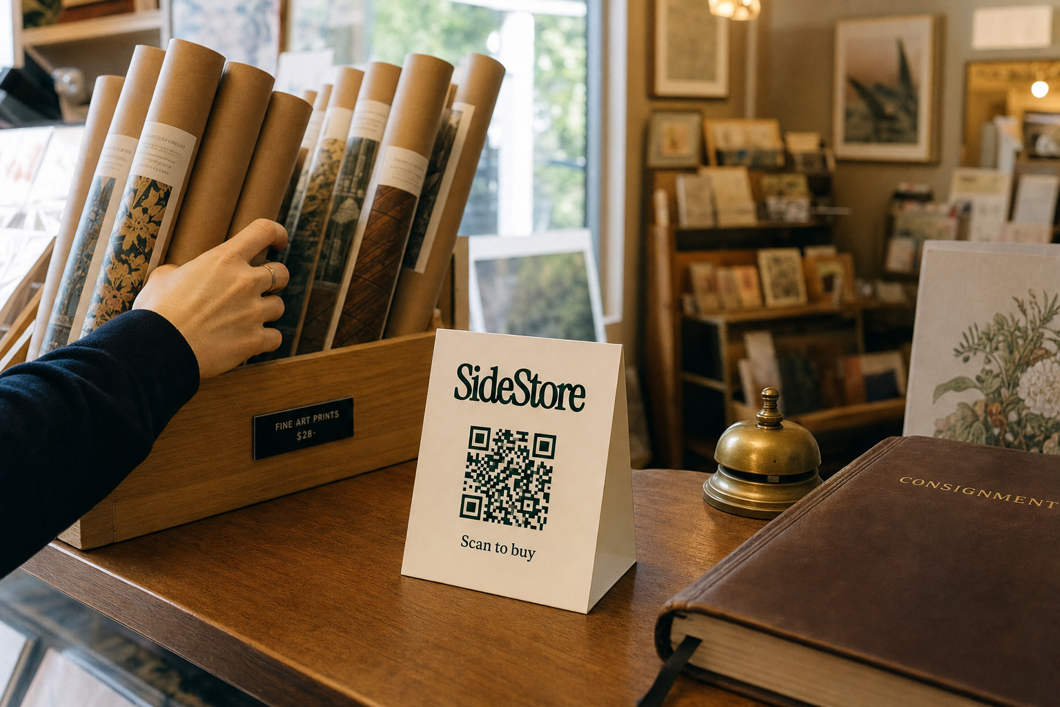 A hand reaches toward rolled art prints displayed in a wooden holder labeled 
