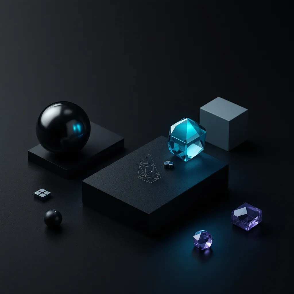 Geometric objects on a dark surface, including a black sphere and cyan and purple crystals