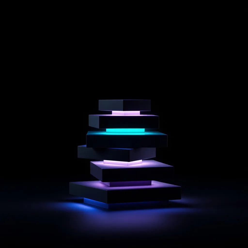 A stack of dark rectangular blocks with glowing neon accents in cyan, pink, and purple arranged against a black background