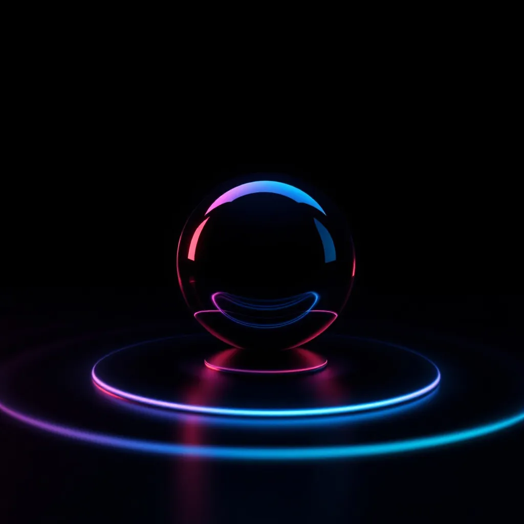 A glowing neon crystal ball in pink and blue sits on a circular platform with matching neon outlines against a black background