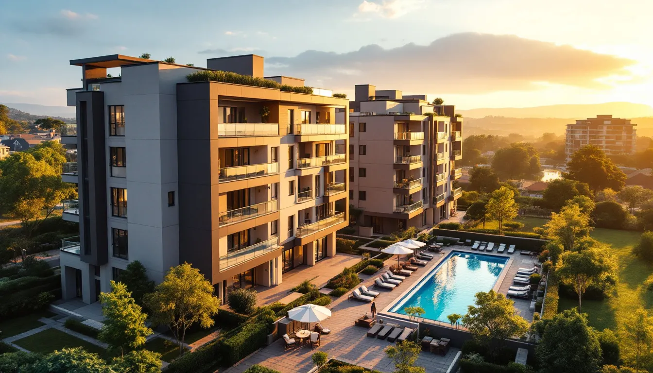 Aerial view of a modern residential apartment complex with pool and gardens in a South African suburb