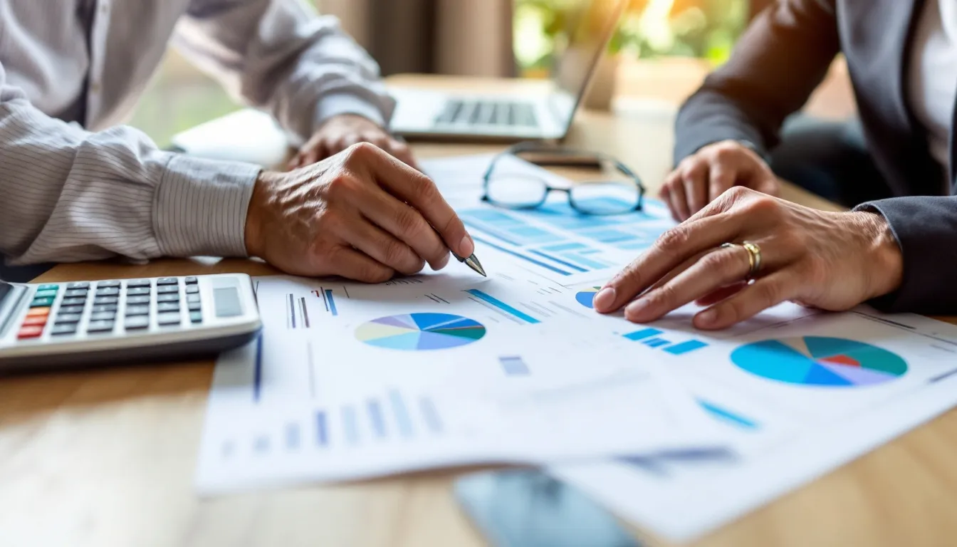 Mature couple reviewing property investment documents and financial statements for retirement planning