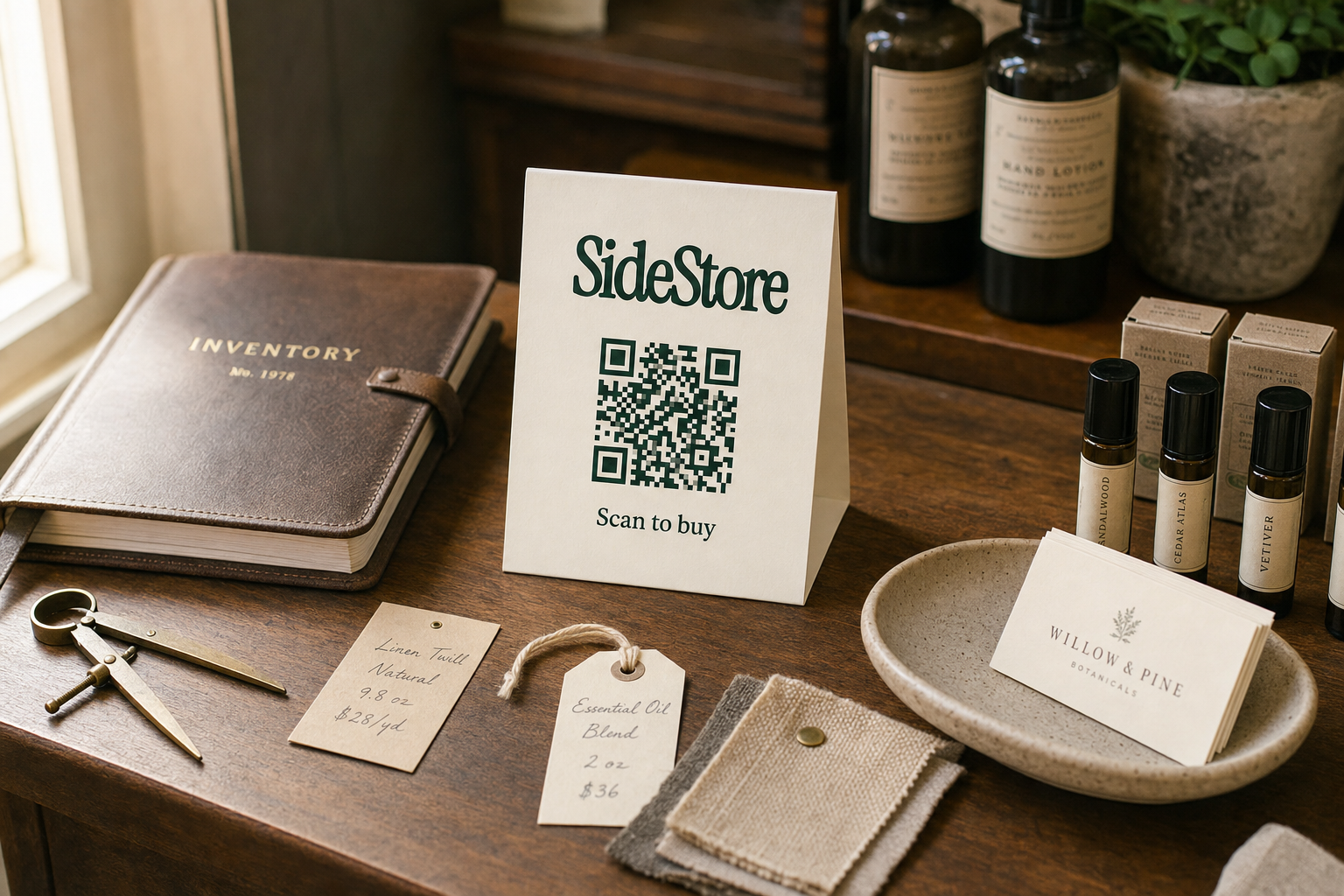 A wooden counter displays a SideStore QR code sign, leather inventory notebook, small bottles of essential oils and lotions, product tags, s