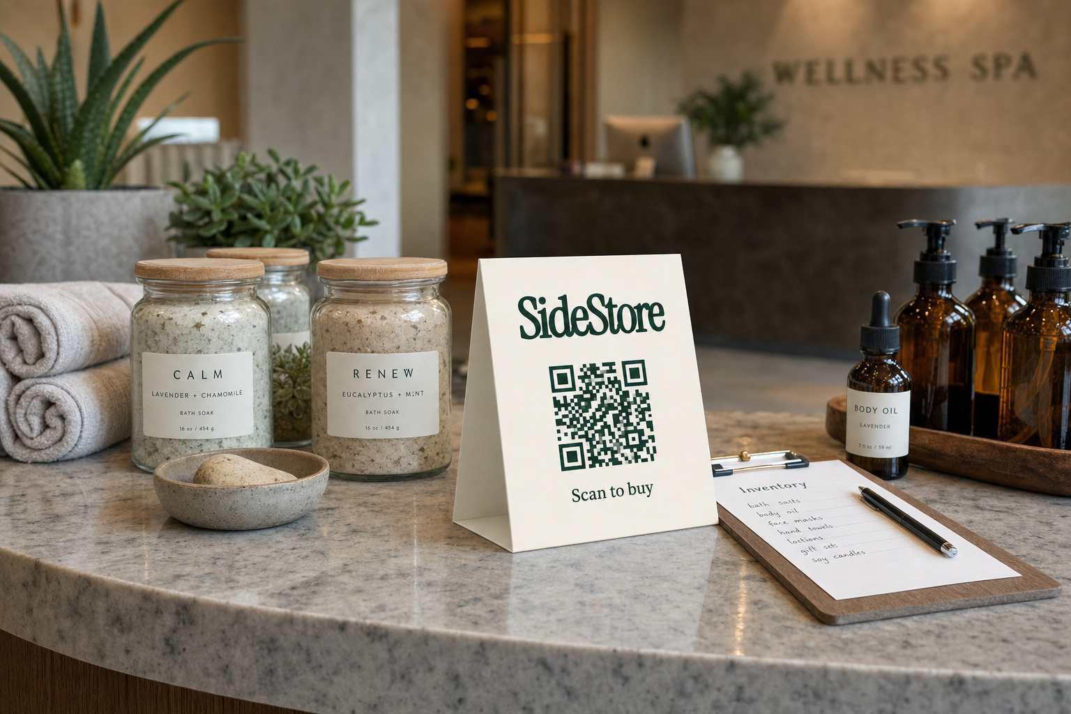 A spa counter displays bath soak jars labeled 