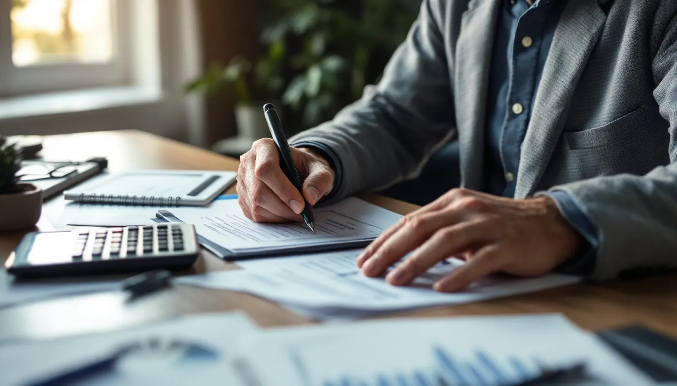 Insurance professional analyzing actuarial data and financial tables to calculate annuity rates