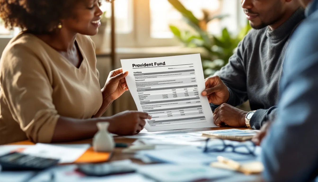 Two people review a Provident Fund document together at a table with financial papers and a calculator