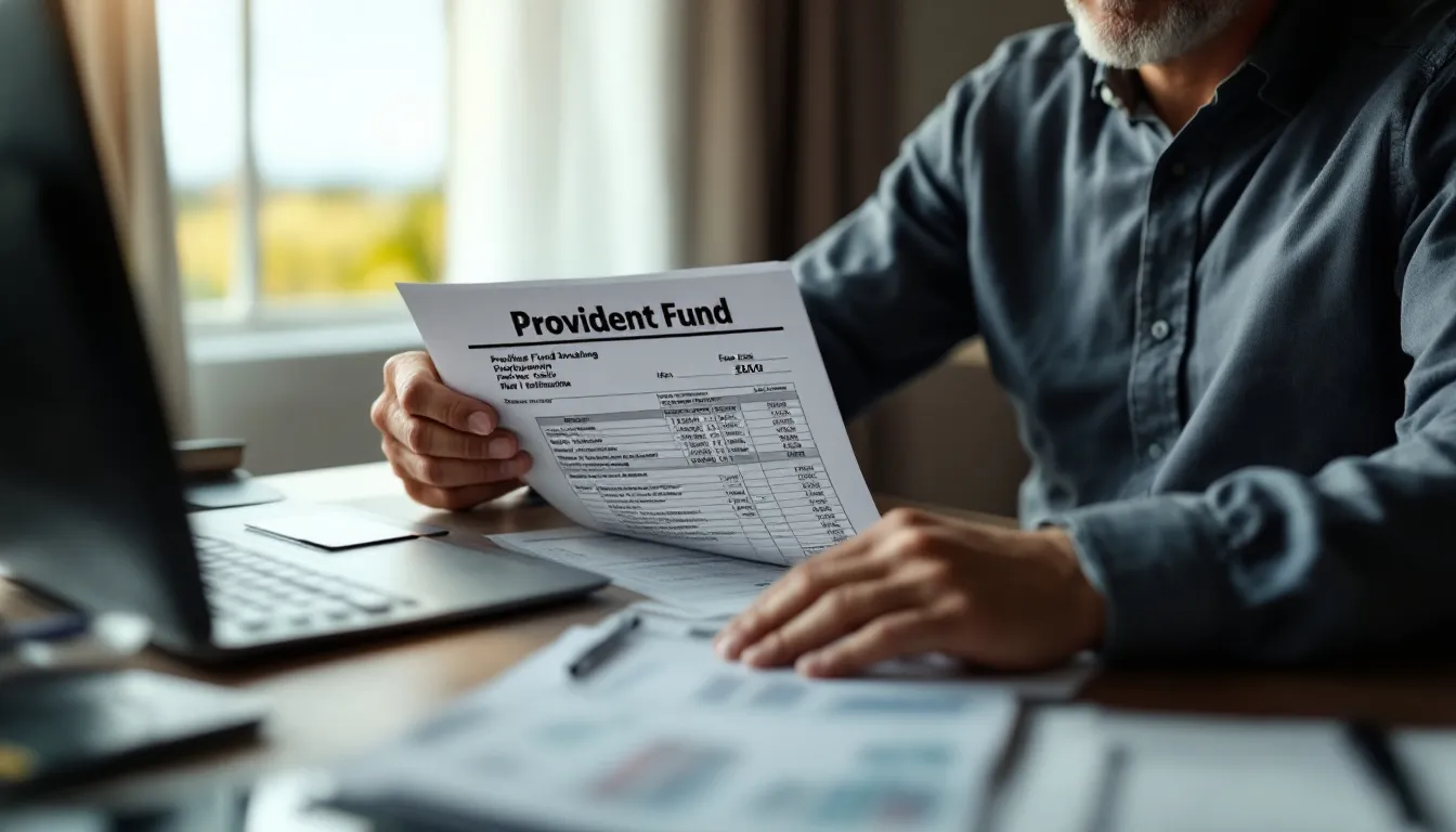 A person in a dark shirt holds a Provident Fund document with financial details while sitting at a desk with a laptop and other papers