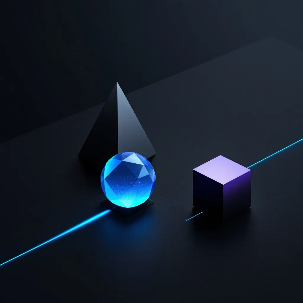A glowing blue sphere beneath a gray cone sits on a dark surface connected by a cyan line to a purple cube with a lavender top
