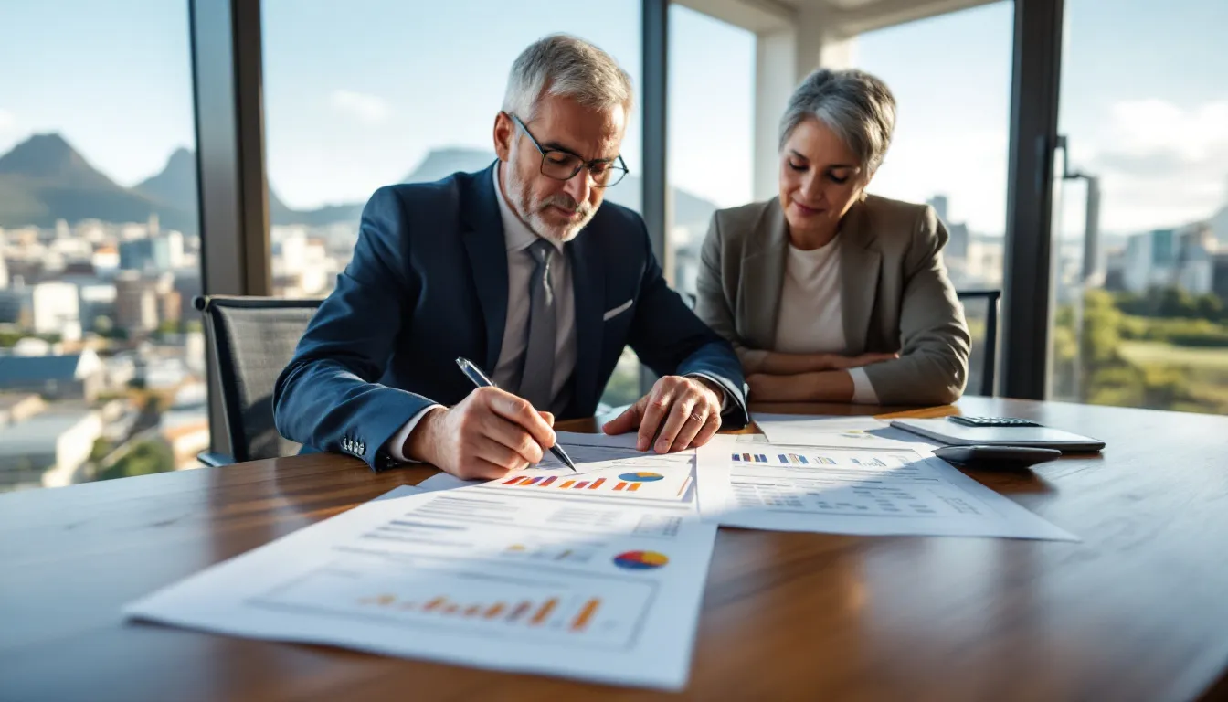 Two professionals review financial charts and documents at a desk in a high-rise office with a cityscape and mountains visible through floor