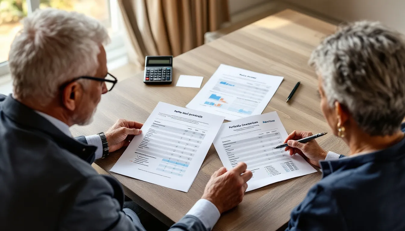 Two people in business attire review financial documents and charts at a wooden table with a calculator nearby